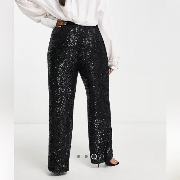 ASOS DESIGN Curve Straight sequin ankle grazer pants in black - Picture 2 of 6